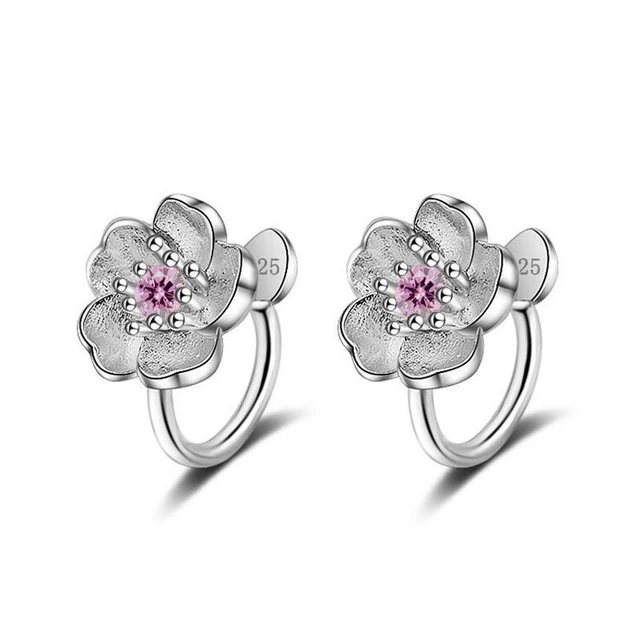 Fashion Children 925 Sterling Silver Pink Zircon Cute Flower Clip