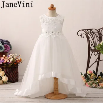 

JaneVini Lovely White High Low Flower Girl Dresses Tulle A Line Beaded Lace Appliques Bow Back Sweep Train First Communion Gowns