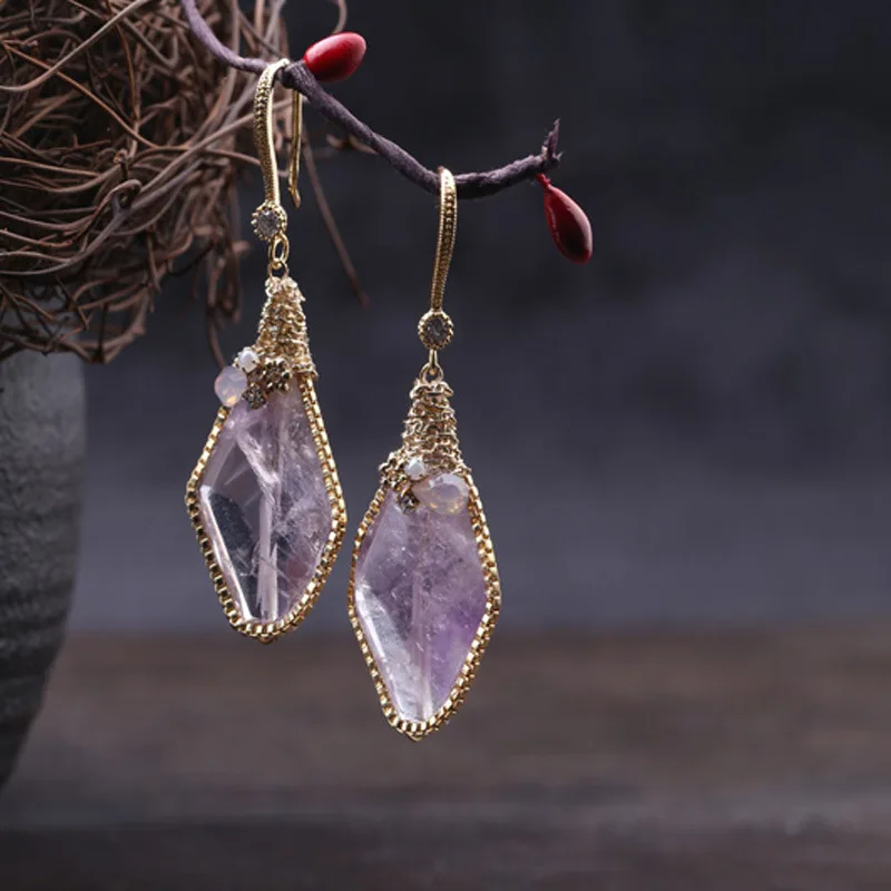 

Designer hand as raw ore crystal long ear hook earrings