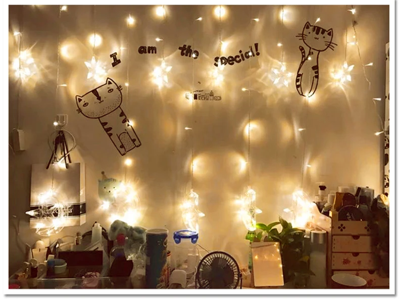 Ficha de Natal Estrela e Lua Decoração para Festa de Casamento Levou Cortinas Luzes Indoor - Outdoor Luz Férias 2.5 m 220 v ue 3 High Quality wedding decoration lights