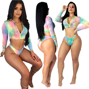 

Wantmove 2019 new summer women swim two-piece sexy print v-neck long sleeve short T-shirt slim shorts beach swim two-piece WM768