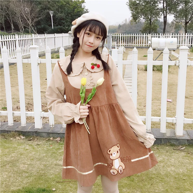 Милые вышитые поддельные платья из двух частей женские Япония Kawaii Ulzzang офисные
