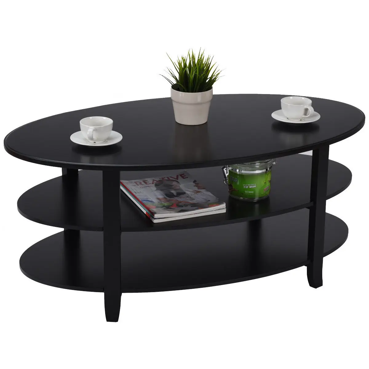 Giantex 3-Tier Wood Oval Coffee Table Modern Accent Cocktail Table with Storage Shelves Home Living Room Furniture HW56633