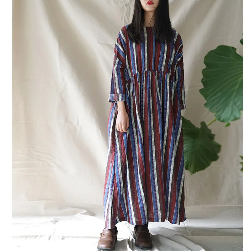 

2019 Spring Autumn Dress Original National Print Striped Plus Size Long Cotton Dress Casual Bohemia Loose Robe Vestidos L1816