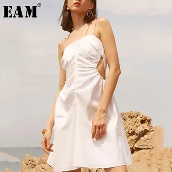 

[EAM] 2020 New Spring Summer Spaghetti Sleeveless Backless Hollow Out Pleated Brief Thin Personality Dress Women Fashion JX662