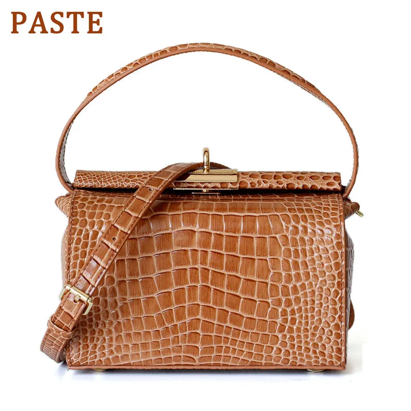 

PASTE Retro Box Women Bag Crocodile Pattern Cow Leather Handbag Female Shoulder Messenger Bag Luxury Lock Tote Bags Purse Beige