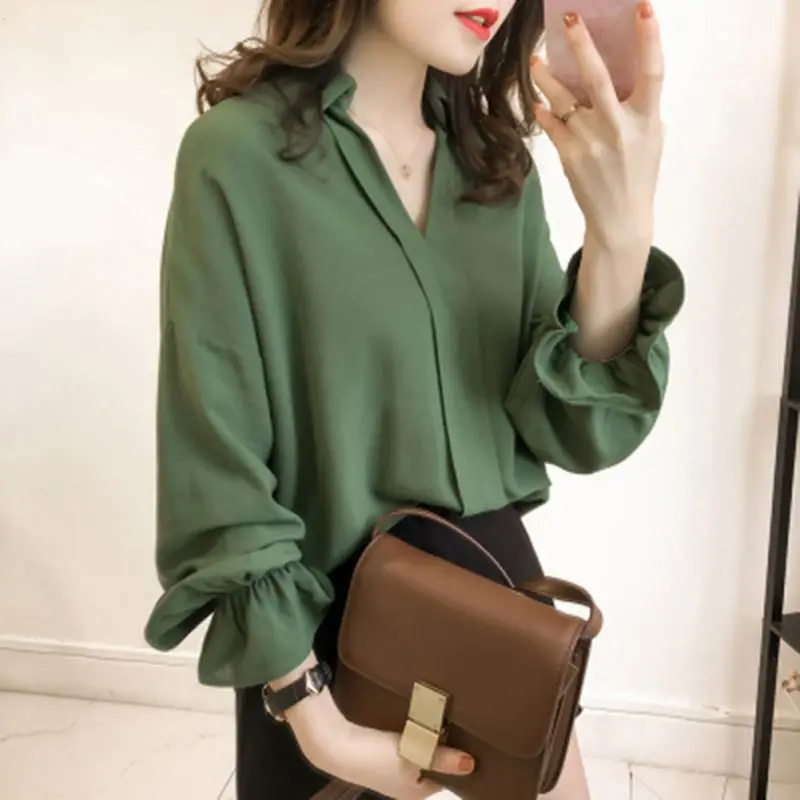 

2018 Hot Sale Women Sexy Deep V Neck Solid Color Plus Size Loose Chiffon Shirt Long Butterfly Sleeve Casual Blouse Tops