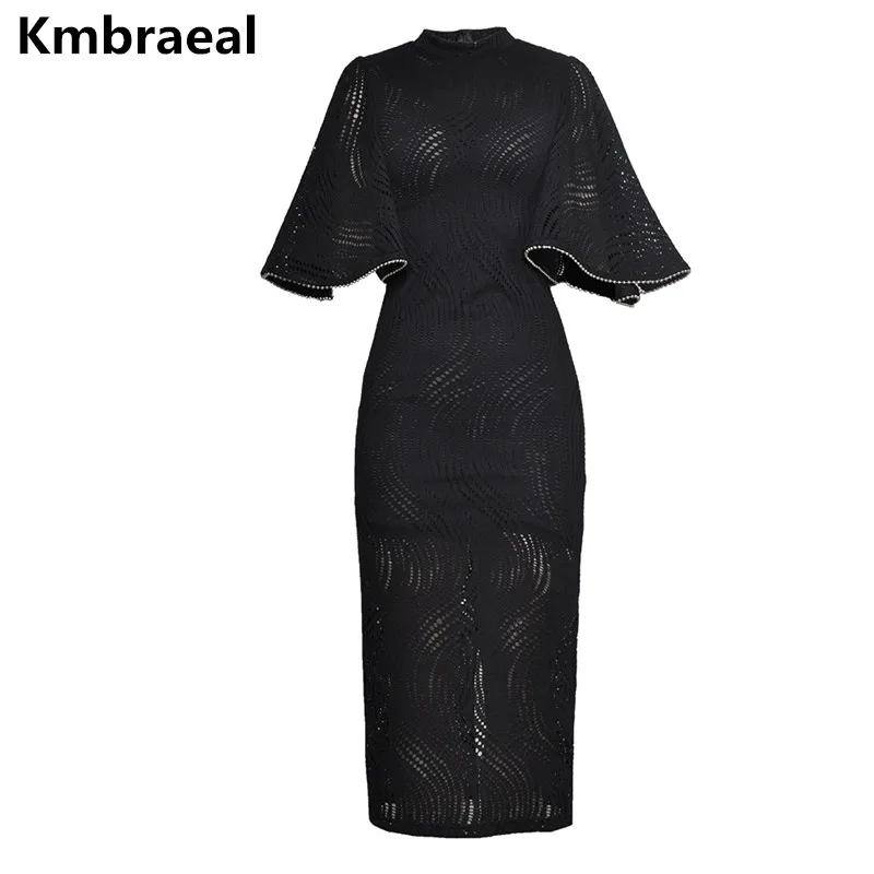 

High Quality Runway Women Sexy Hollow Out Black Package Hip Pencil Dress Summer Ladies Split Flare Sleeve Bodycon Long Dresses