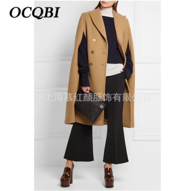 

2019 Winter Fashion Cashmere Cape Coat Camel Double Breasted Elegant Ladies Coats