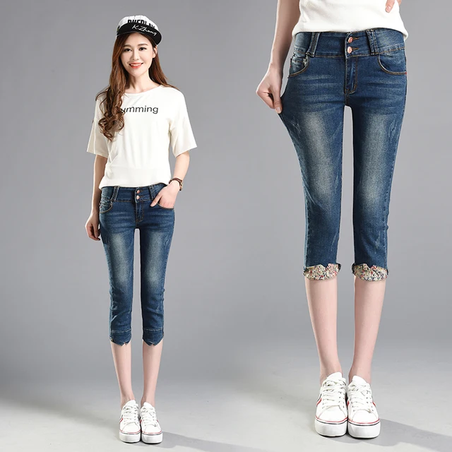 2017 Women's Skinny Jeans Summer Knee Length Blue Stretch Denim Trousers & Capris Women Plus Size Shorts Pencil Pants Female 1