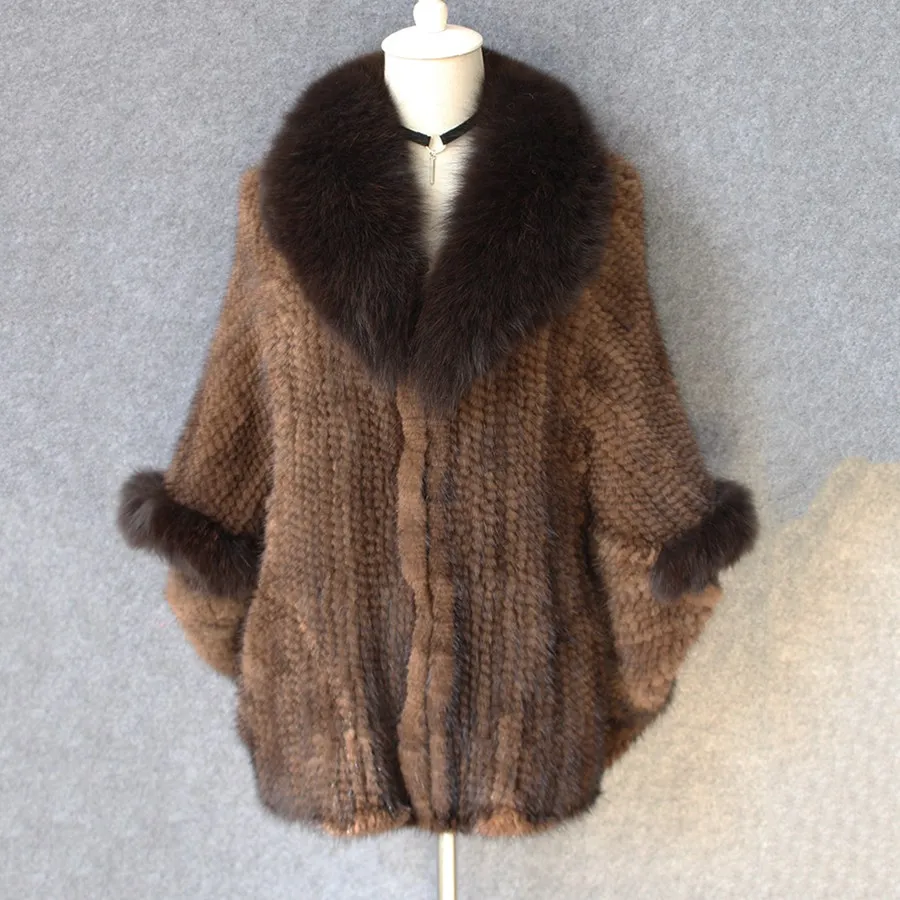 

2018 new fashion women genuine mink fur coat with fox fur collar bat sleeve outwear real fur female jacket big larger size vests