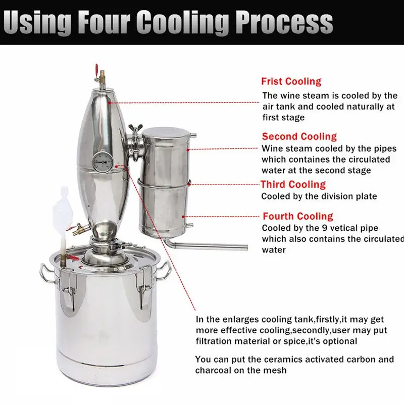 20 Вт, 30 Вт, 50L бытовой Самогонный аппарат дистиллятор котла кулер Нержавеющая сталь Медь этанол алкоголя воды вино эфирное масло пивоварения