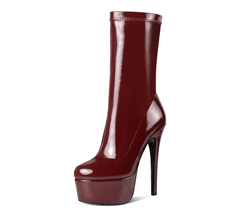 

Autumn and Winter New Martin Boots Women's Sharp Paint Leather Boots Follow 12cm -- 15cm Waterproof Platform High Heel Middle Bo