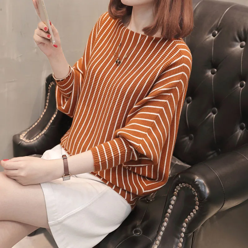 2018 Autumn Sweater Women Pullover Knitted Striped Batwing Fashion Loose Pullovers Knitwear Black Ladies Fall Sweaters Ladies