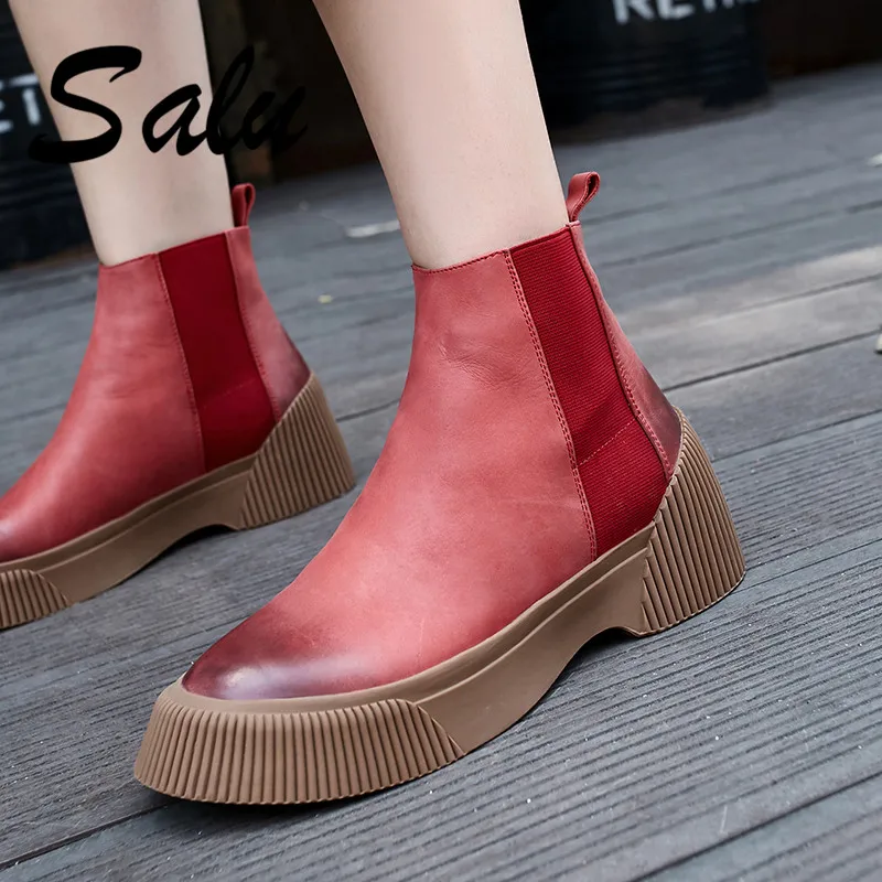

Salu New Genuine Leather Boots Women Ankle Boots Brand Round Toe Slip-on Spring Autumn Black Shoes Woman