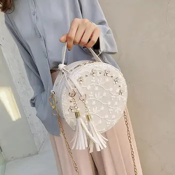 

Fashion Women Floral Lace Rivets Tassel Zipper Round Tote Crossbody Shoulder Bag Handbag