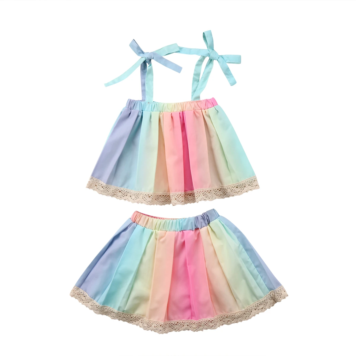 

2018 Summer Kids Baby Girls Outfits Clothes Lace Chiffons T-shirt Tops + Tutu Skirt 2PCS Rainbow Striped Cute Summer Sets