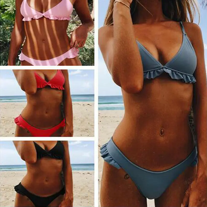 

Sexy Triangle Bikini with Ruffle Women Summer New Fashion Swimsuit 2 Piece Bathing Suit Beachwear for Females Padded Swimwear