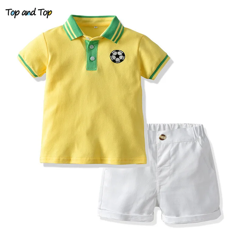 

Top and Top Fashion Kids Boy Casual Clothes Summer Short Sleeve Football Printing Pullover Shirt+White Shorts Gentleman Set