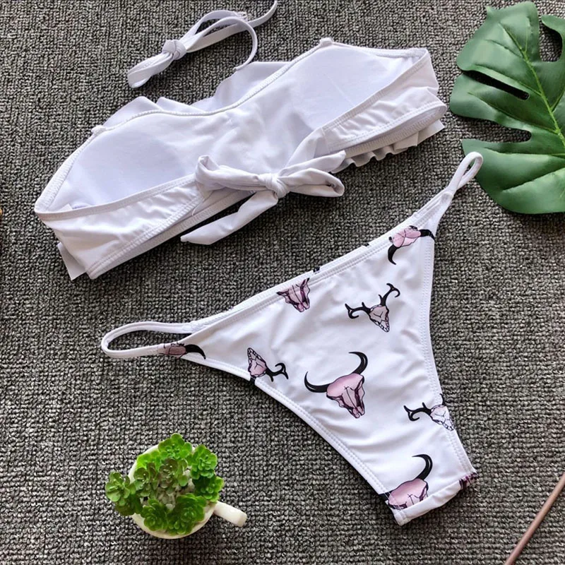 Pacento White Sexy Bikini Set Cute Bandeau Swimsuit Animal Style Flounce Swimwear Women 2018 Print Halter Bather Plavky Pacento White Sexy Bikini Set Cute Bandeau Swimsuit Animal Style Flounce Swimwear Women 2018 Print Halter Bather Plavky