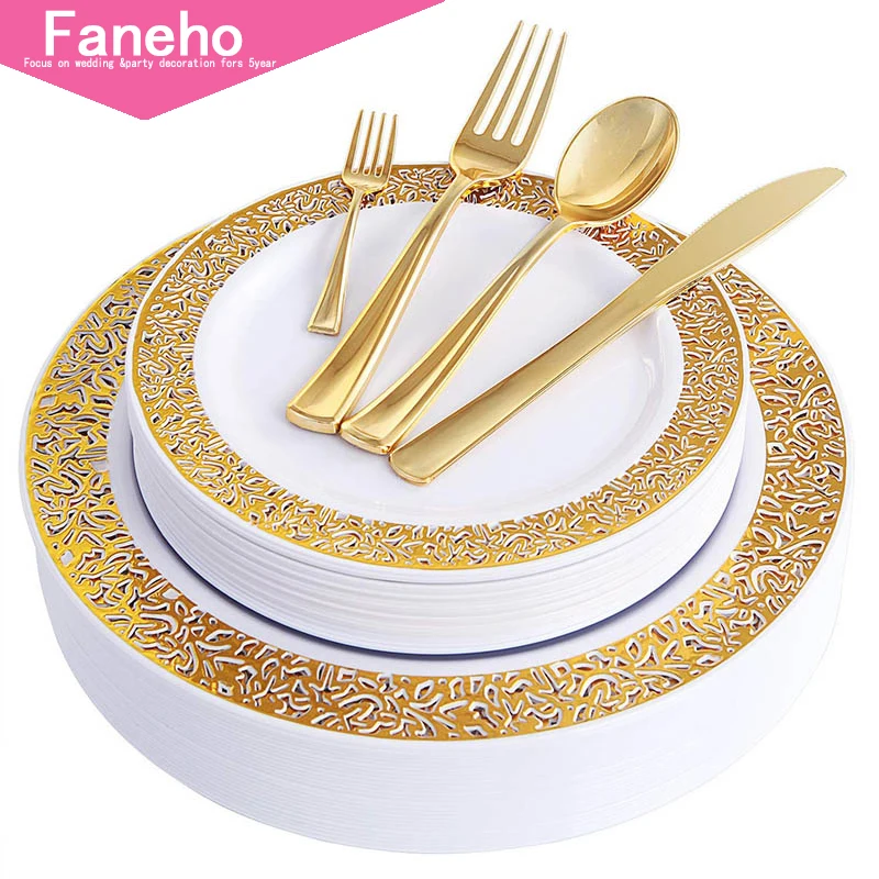 150 PCS الذهب أطباق بلاستيكية مع المتاح البلاستيك الفضيات ، الدانتيل تصميم أدوات مائدة من البلاستيك مجموعات تشمل 25 أطباق عشاء ، 25 سال|أدوات مائدة للحفلات للاستخدام مرة واحدة|المنزل والحديقة -