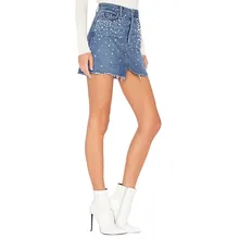 Дизайн, большие размеры, высокая талия, джинсовая юбка с жемчужинами, женские джинсовые юбки с высокой талией, модные повседневные джинсовые шорты, юбки