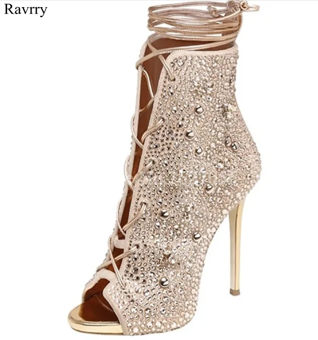 

Ravrry Mid-Calf Crystal Lace-Up Peep Toe Thin High Heel Boots European Style Colorful Cross-tied Comfortable Boots Pumps