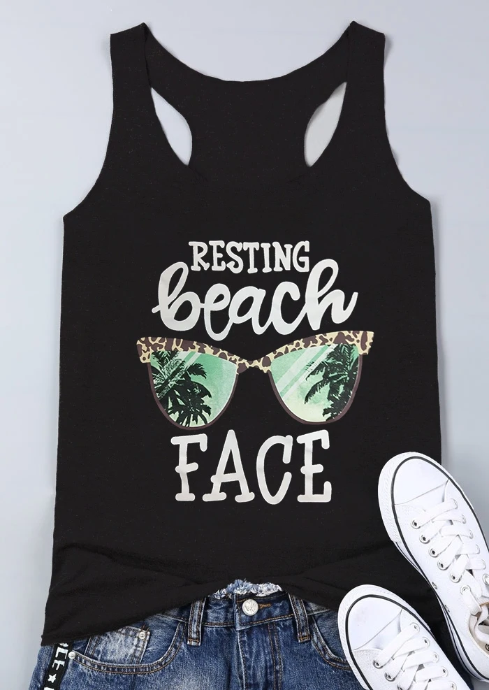 

Fashion Women Tank Tops Resting Beach Face Print Tank 2019 Casual Summer Sleeveless t shirt Lady Tops