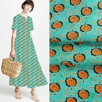 

140CM Wide 17MM Orange Print Blue Ramie Fabric Good for Summer Dress Skirt Shirt Pants JH065