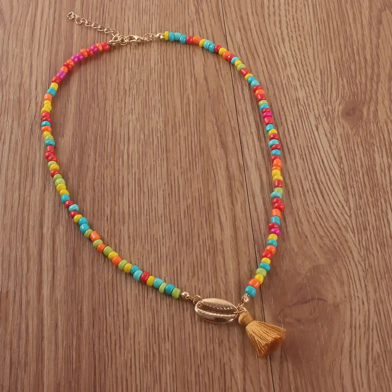 

Boho Colorful Tassel Fringe Choker Necklace For Women Cowrie Shell Gold Short Necklace Conch Stone Collier Femme Summer Jewelry