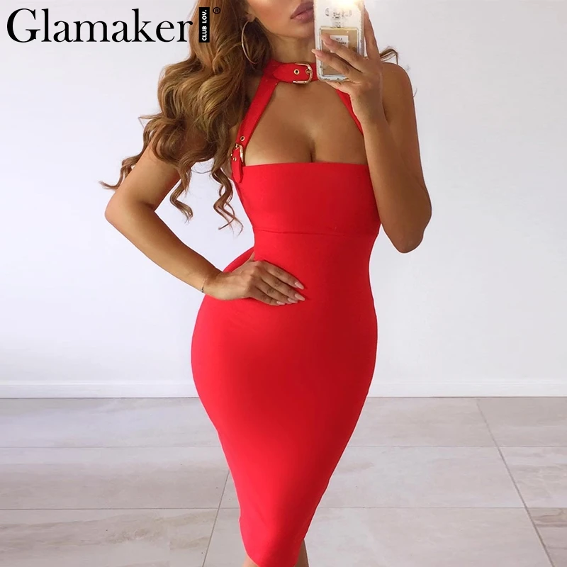 

Glamaker Halter belt hollow out summer dress Women black backless club party dress Female fitness red bodycon dress vestidos