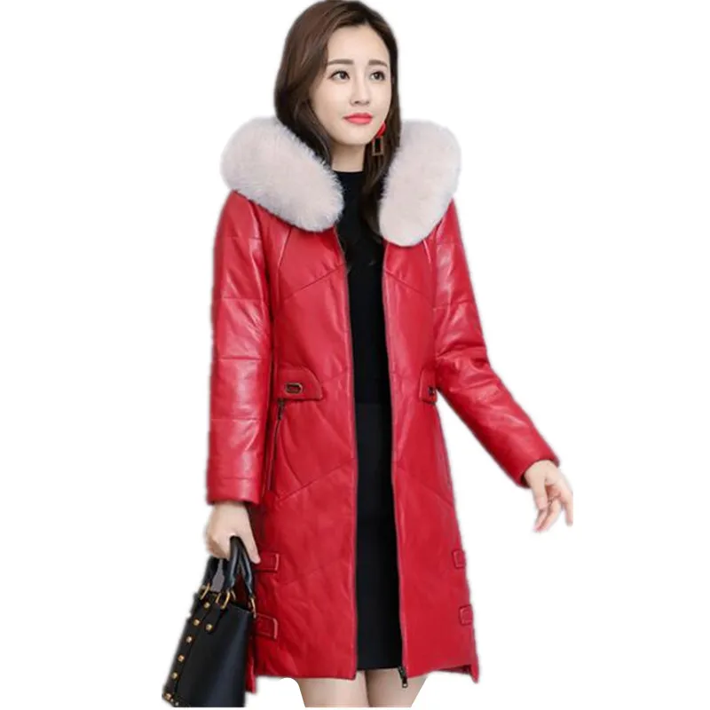 Зимняя длинная толстая теплая кожаная куртка, новинка, большой размер, с капюшоном, тонкая, модная, большой меховой воротник, высокое качество, хлопковое пальто AS820