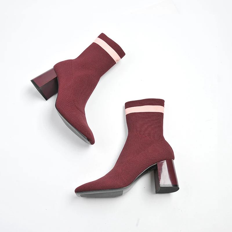 sock boots mid heel pointed toe stretch knit sock boots fashion striped high heel mid calf boots winter sock boots mid heel pointed toe stretch knit sock boots fashion striped high heel mid calf boots winter