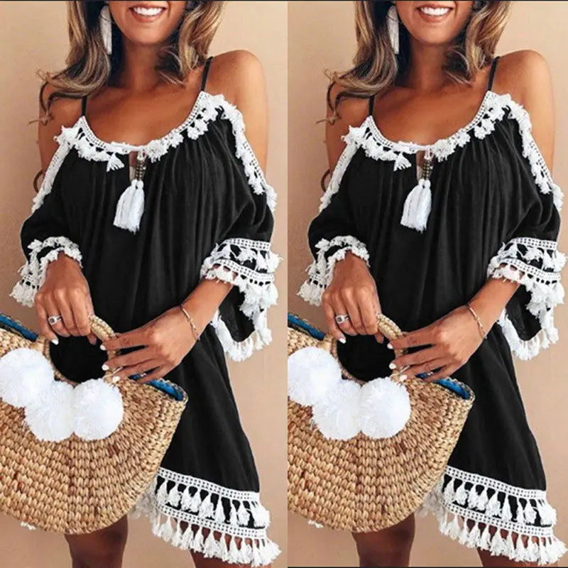 

Plus Size 5XL dresses Female Spaghetti Strap Boho Dress Summer Loose Beach Sundress fashion loose Short Sleeve Tassel Dresses