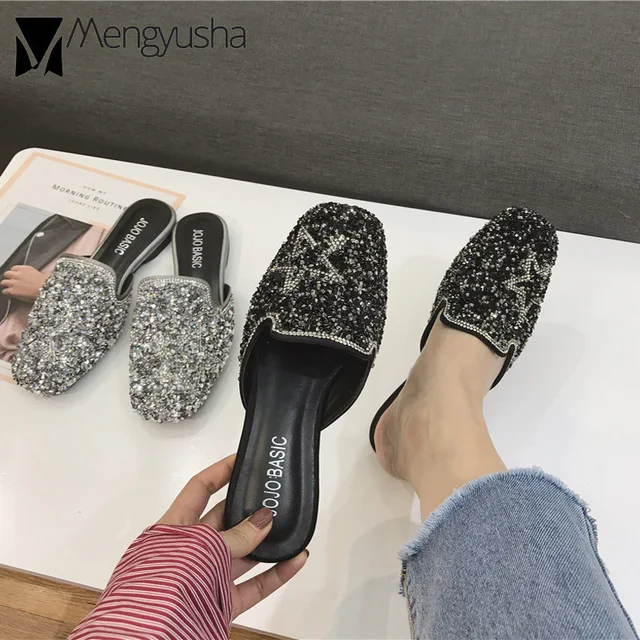 bling bling silver slides women star crystal square toe mules shoes female brand design rhinestone sandals flat beach slides