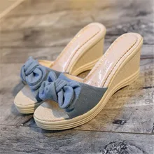 Summer fashion thick bottom slope with the flat beach sandals slippers 2016 new canvas high-heeled women sandals slippers