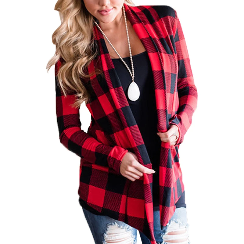 Blusas de mujer 2018 moda Otoño de larga de cuadros rojos de impresión camisas de punto abierto Casual de algodón blusas Tops| Blusas y camisas| -