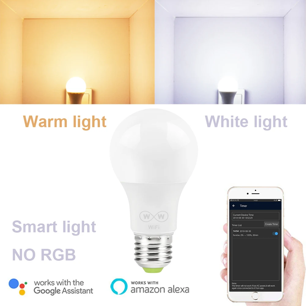 

6.W E27 WiFi Smart Light Bulb Lamp LED NO RGB White Light and Warm Light Only Work with Alexa and Google Assistant homekit