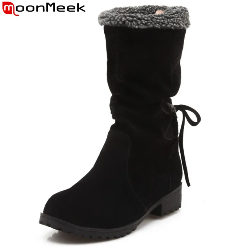

MoonMeek hot sale winter new arrive women boots black gray Army green cross tied mid calf boots med heel flock big size 33-43