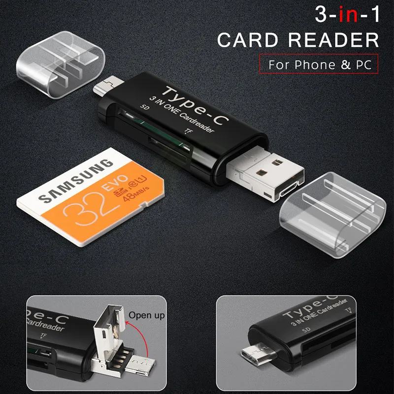 Keajor المحمولة المصغّر USB و نوع-C 3 في 1 USB 2.0 وتغ قارئ بطاقات دعم TF SD محوّل قارئ البطاقات ل الهواتف المحمولة PC ماك بوك