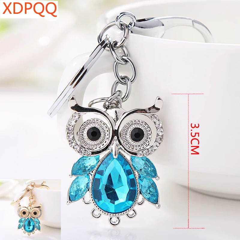 Cute ladies dress pendant creative alloy owl set rhinestone keychain blue stone car pendant jewelry can DIY  
