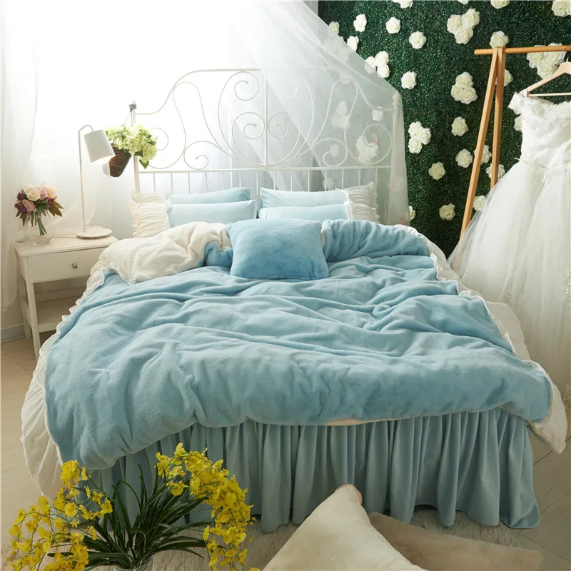 Details about  / 2020 Solid color girl bedding set flannel duvet cover bed skirt sheet//pillowcase