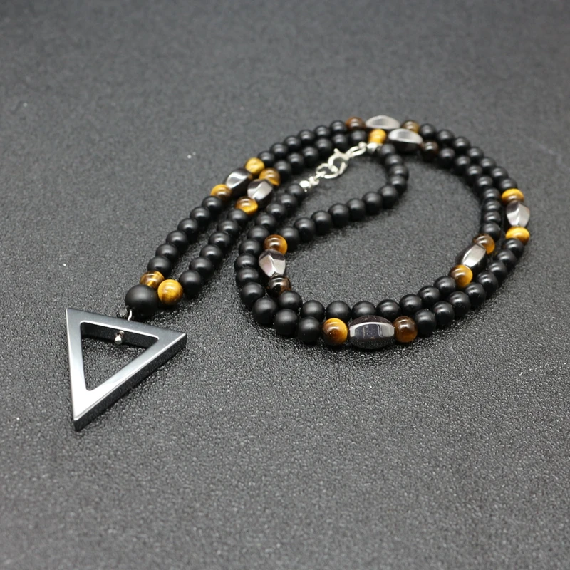 Мужское ожерелье 6 мм матовые черные агатовые бусины и подвеска треугольная Мужская ожерелье четки мужские панк ювелирные изделия