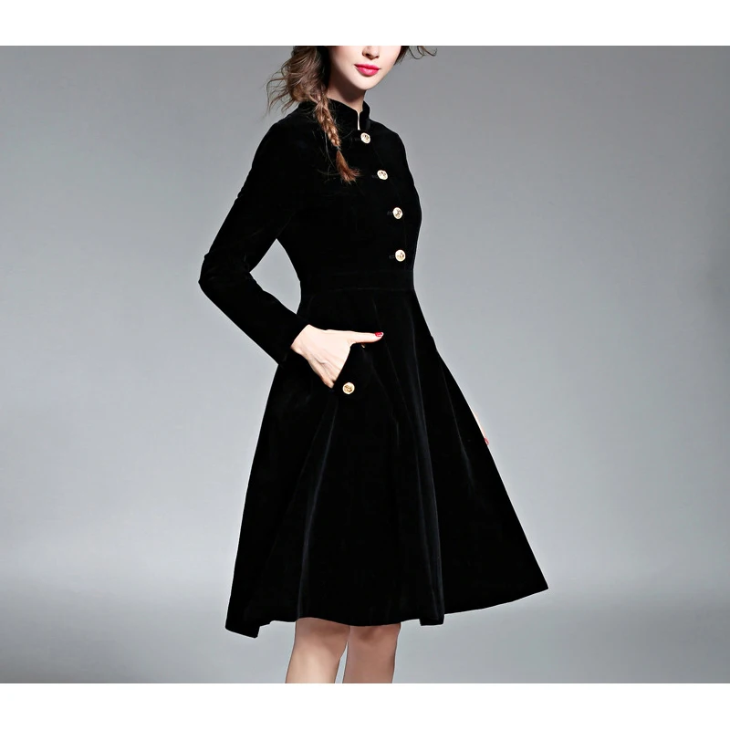 

PERHAPS U Woman Elegant Black Velvet Thick Office Lady Pocket Button Stand Collar Long Sleeve Short Dress A-line Winter D0181