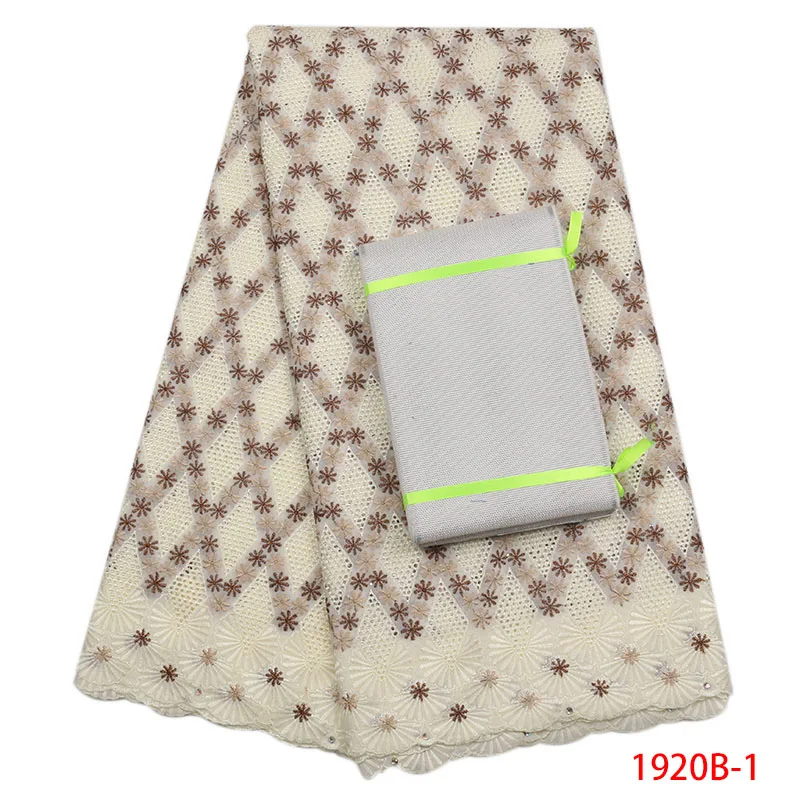 

African Off White Cotton Lace Fabric With Aso Oke Women Party Dress African Guipure Lace Fabric Add Trim Stones AMY1920B-1