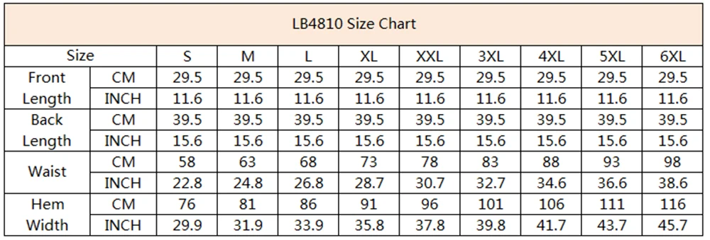 LB4810 size chart