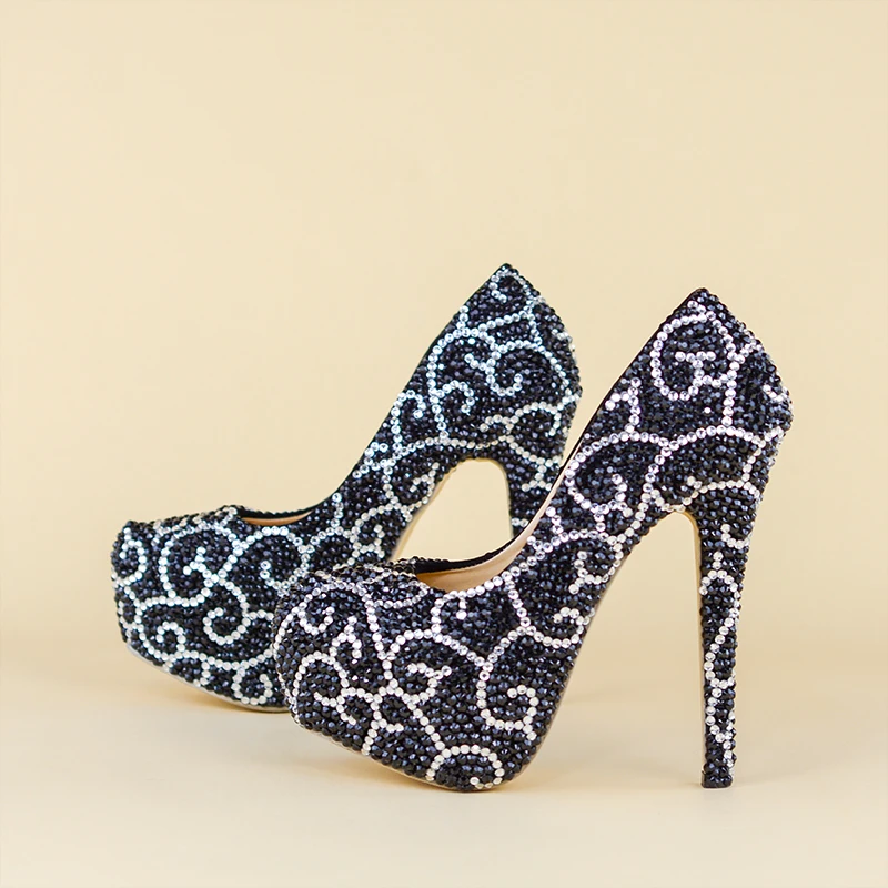

Evening Shoes Women Black Crystal Matches Bag Custom Size High Heel 14cm Ladies Dinner Shoes Retro Striate collaterals