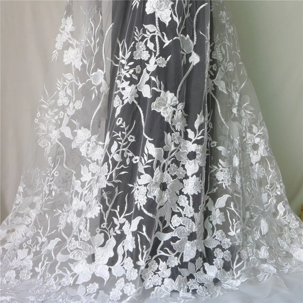 Ivory White Luxury Floral Embroidery Branch Blossom Lace Fabrics Net Yarn Cotton And Polyster Material DIY Wedding Accessories
