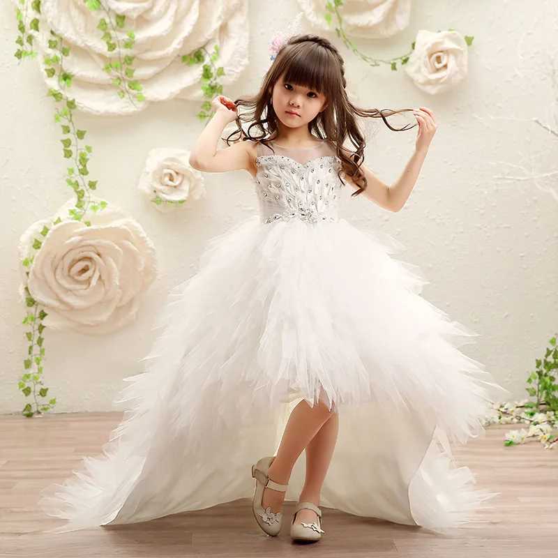 

Flower Girl Dresses for Wedding Long Trailing Kids Pageant Dress for Birthday Costume Feather Crystal Princess Party Gowns K43