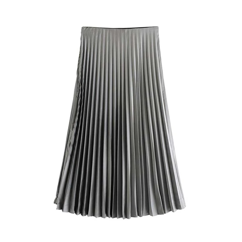

Women Basic Gray Pleated Skirt Faldas Mujer Elastic Waist Side Zipper Female Casual Vintage Solid Mid Calf Skirts Dropship